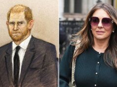 El príncipe Harry apoya a la llorosa Elizabeth Hurley mientras se derrumba en la corte por presunto espionaje sensacionalista